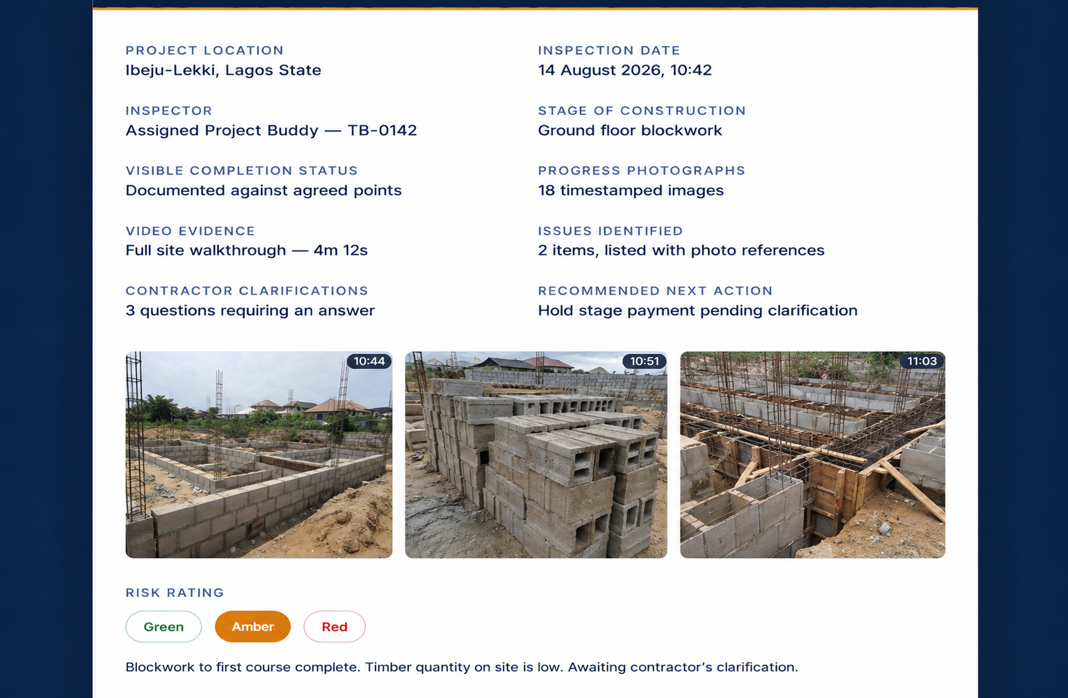 Sample TaskBuddys Project Safeguard report showing site details, timestamped photographs and risk rating