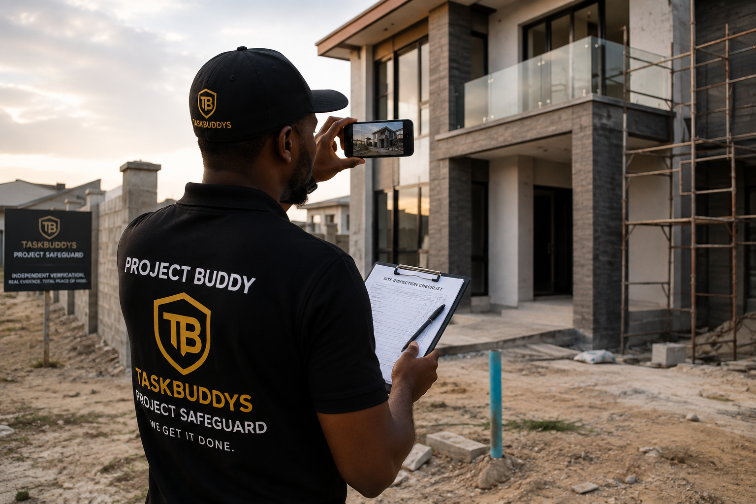 TaskBuddys representative documenting a construction site with a phone and clipboard
